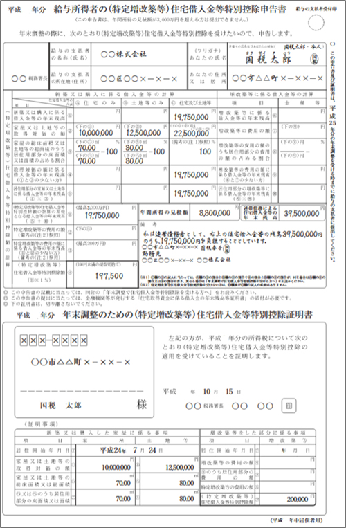 給与所得者の住宅借入金特別控除申告書